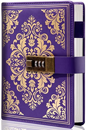 CAGIE Lock Journal für Frauen, Vintage, nachfüllbar, Tagebuch mit Schloss, 224 Seiten, Leder, gesperrtes Tagebuch für persönliche Geheimnisse, Schreiben (lila)