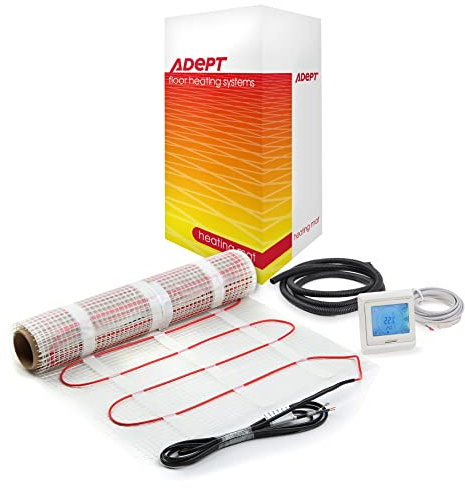 Adept Premium Electric Underfloor Heating Mat Kit 200W per m² with Self Adhesive Backing for Under Tile or Stone Floors - 9m2 Kit - White Touchscreen Thermostat