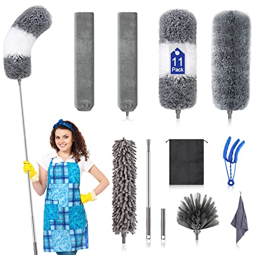 Kit de plumeau en Microfibre (11 pièces), avec Tige d'extension (76,2 à 254 cm), plumeaux lavables pour Le Nettoyage, plumeau en Microfibre Pliable, pour Ventilateur de Plafond Haut Plafond, Stores,