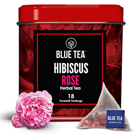BLUE TEA - Hibiscus Rose Tea – 18 Biodegradable Tea Bags || SKIN GLOW ENHANCING TEA || Aromatic Herbal Tea || Caffeine - free - Gluten - free | Tin Packaging