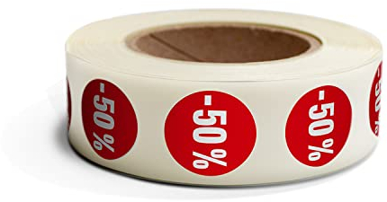 Betriebsausstattung24 Aktionsetiketten -50% - 500 Stück auf Rolle - 3,0 cm Ø Papier, selbstklebend - Rabatt Sticker Sale Aufkleber Prozentabzug Supermarkt Geschäft