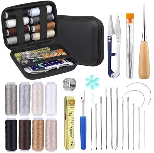 29 Pcs Leather Sewing Thread Kit, Leather Upholstery Repair Kit, Leather Working Tools with Sewing Needles, Curved Needles, Sewing Awl, Seam Ripper, Sewing Kit for Beginners Professionals DIY
