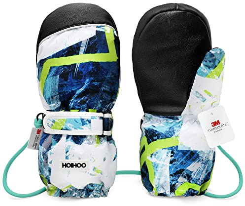 HOIHOO Kids Ski Mittens, Waterproof Snow Thinsulate Mittens Toddler Warm Winter Ski Snow gloves with String for Boys Girls