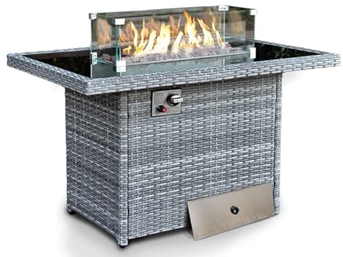 Rattan Gas Fire Pit Table with Lava Stones, Removeable Wind Guard & Lid Cover - Outdoor Table Top Fire Pit for Garden, Patio, Conservatory - FREE RAIN COVER INCLUDED (Grey)