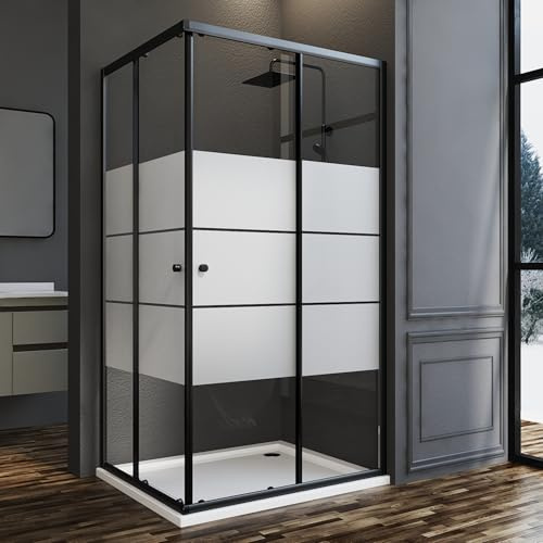 Goezes Eckeinstieg Duschkabine 90x90cm Schiebetür Schwarz Duschabtrennung, Gestreift Glas Eckeinstieg Duschkabine mit Schiebetüren Duschwand mit 6mm ESG Sicherheitsglas, Dusche Höhe 185cm