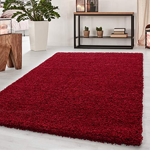 SIMPEX Hochflor Teppich, Unicolor - Einfarbig, Teppich Rot, 60 x 110 cm, Teppich modernen Stil, Teppich Wohnzimmer