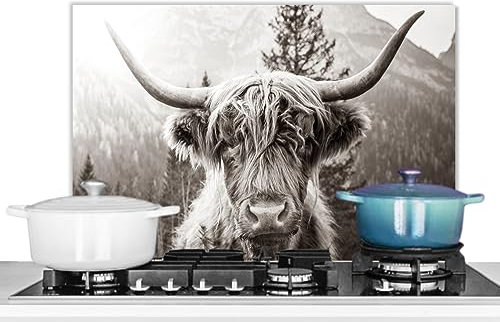 KitchenYeah© Pannelli Paraschizzi x Cucina Lastra in Alluminio 60x40 cm Alzatina Paraspruzzi Pannello per Cucine Highlander Scozzese - Mucca - Animali - Nero - Bianco