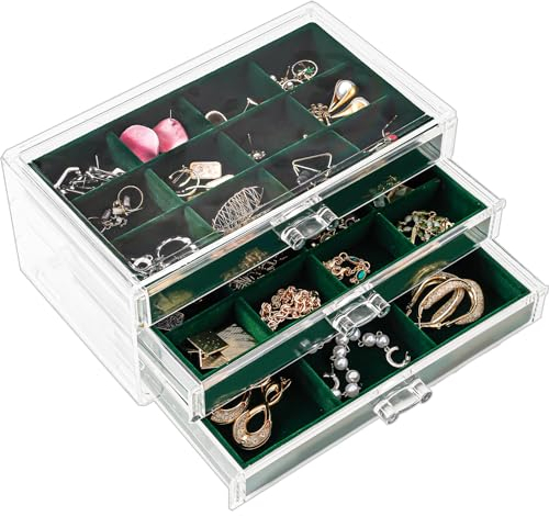ProCase Acryl Schmuck Organizer Schmuckschatulle für Damen Durchsichtige Schmuckaufbewahrung Schmuckkästchen Schmuckbox mit 3 Schubladen für Ohrringe, Ringe, Armbänder -Emerald