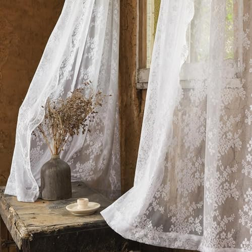 YJ YANJUN White Sheer Curtains 108 inches Long Set of 2 Embroidered Farmhouse Extra Floor to Ceiling Lace Voile for Patio Sliding Door Living Room Privacy 9ft 104 Wide Panels