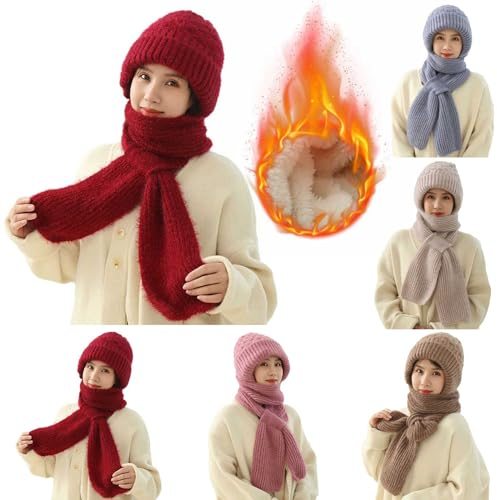 Integrierter Gehörschutz Winddichte Mütze Schal, Winter Versatile Knitted Hooded Scarf for Women, 2 in 1 Winterschal mit Mütze Damen, Warmer Kapuzenschal Schalmütze (Rot)