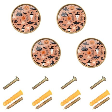 ODAWA Halloween with Pumpkin Round Drawer Knobs 4 Pcs Round Cabinet Door Knobs Cabinet Door Handles Knobs for Dresser, 1-1/4 Inch (32 Mm)