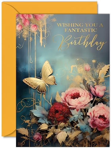 Schöne goldene Geburtstagskarte für Damen und Herren, wunderbarer goldener Schmetterling, elegante, traditionelle, hübsche Geburtstagskarte für Sie, Ihn, Familie, Freund, Kollegen, A5, wunderschöne