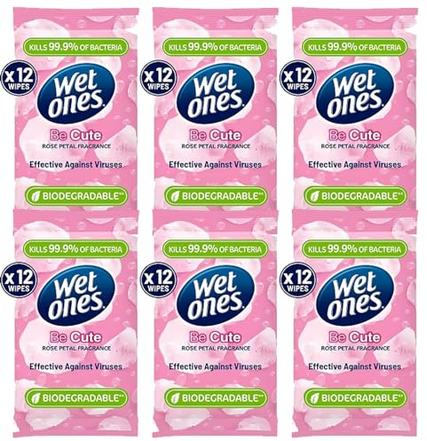 Wet Ones (Be Cute) - Antibacterial Hand Wipes - Dermatologically Tested, Biodegradable Wet Wipes Ideal for Travel - 6 Packs of 12 Wipes (72 Wipes) - In Axpower Technology Empowering Box Packaging