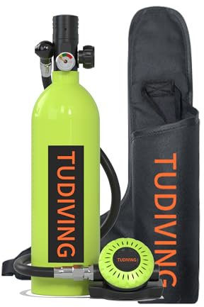 TUDIVING Tanque de oxígeno de 1 L, Tanque de Buceo portátil para 15-20 Minutos de respiración bajo el Agua, Mini Cilindro de Buceo Reutilizable con Certificado Dot (S400PLUS A1-Green ES)