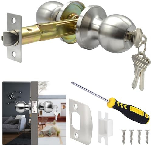 TPard 5 Backset Latch Keyed Entry Door Knob with Lock and Key, Standard Square Interface Entrance Ball Doors Knobset Lockset, Satin Nickel