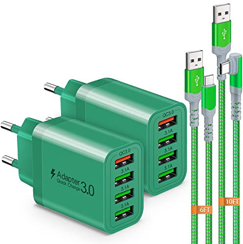 USB Ladegerät,4-Ports 33W Netzteil mit QC 3.0 USB Schnellladegerät Mehrfach mit 2 Stück 2M/3M Schnellladekabel,Adapter Stecker für Samsung Galaxy S24/23/22/21,iPad Pro,LG, Sony