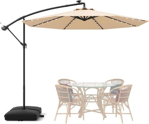TANGZON 3m Cantilever Garden Parasol, Heavy Duty Offset Patio Umbrella with 40 LED Lights, Sand Bag & Solar Panel Batteries, Outdoor Square Hanging Sun Shade Roma Umbrella (Beige)