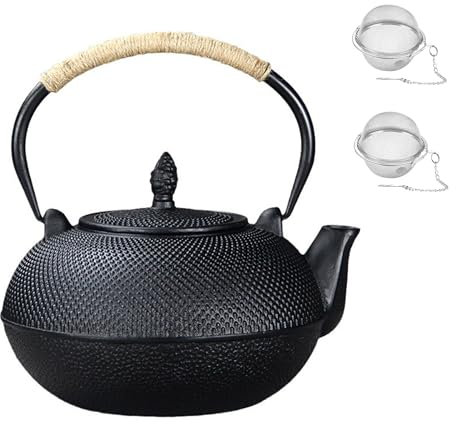 YJX 101 fl oz Extra Large and Heavy Cast Iron Teapot for Stovetop Safe, Black Tea Kettle with Stainless Steel Tea Balls for Loose Tea, Cast Iron Tea Pot for 6 to 10 People, 3000ml Japanese Tetsubin