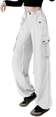 Paintball Hosen Damen Damen Frühling und Sommer lockere Jogginghose mit weitem Bein, schlanke, hoch taillierte Overalls Damen Hose Mit Schleife (White, L)