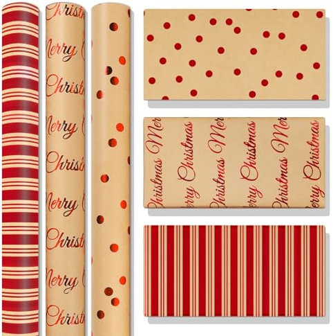Niviy 3 Rolle Geschenkpapier Weihnachten 43CM x 3M Kraftpapier,Mit Roten Punkten Streifen Merry Christmas Muster Recycelbares Geschenkpapier für Weihnachten Halloween Geburtstag Kinder Party Decor