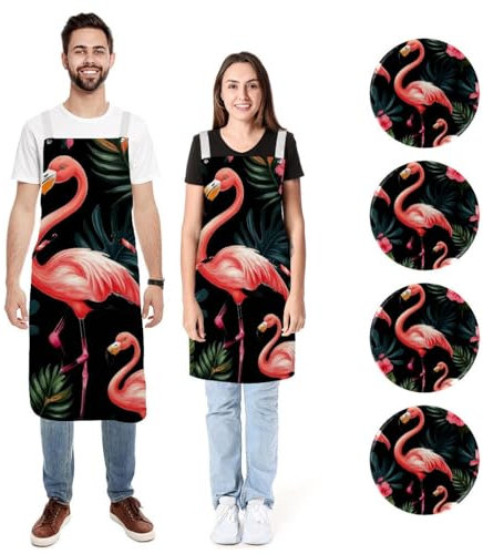 Delantal de cocina de lino para mujeres y hombres, delantal de cocina de flamencos estéticos con 2 bolsillos ajustables, Flamencos estéticos, L:26.2x34.6in/66.5x88cm;M:26.2x26.6in/66.5x67.5cm