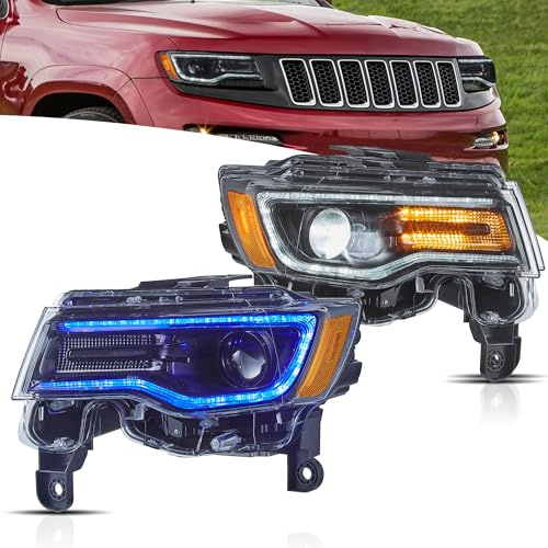 VLAND Scheinwerfer kompatibel für Grand Cherokee WK2 2014-2021, Mit E-Prüfzeichen, Schwarz (Gelber Reflektor)