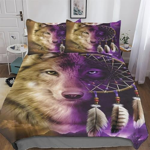 AAPZY Dreamcatcher Wolf Bettwäsche 2teilig Bettbezüge Bettgarnitur Gebürstet Microfaser Für Jungen Mädchen Komfort Bettbezug Mit Kopfkissenbezug Und Reißverschluss Single (135x200cm)