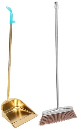 Amosfun Household Broom and Dustpan Set, Thickened Gold Stainless Steel Dustpan Long Handle, Vertical Cleaning Kit for Home and Office, Sturdy Handheld Sweeping Tools