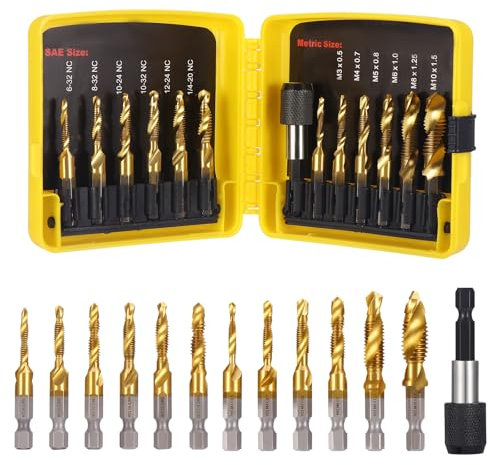HSEAMALL Lot de 13 tarauds combinés - 6 mm - HSS M3-M10 - Jeu de tarauds SAE 6-32NC jusqu'à 1/4-20 NC - Pour perçage, taraudage et fraisage, fer, aluminium, cuivre, métal
