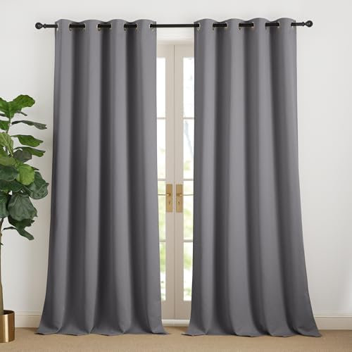NICETOWN Vorhang 240 cm Lang Übergardinen Wohnzimmer Modern Dicker Vorhang Gegen Kälte Gardinen Grau Blickdicht Verdunkelungsvorhang Ösen Vorhänge Ösenschal 2er Set, H240 x B140 cm
