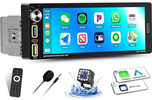 OiLiehu Single Din Touchscreen Car Stereo with Wireless CarPlay Android Auto, 6.9'' MP5 Multimedia Player Radio with Bluetooth Mirror Link FM EQ SWC USB Type-C + Backup Camera & MIC