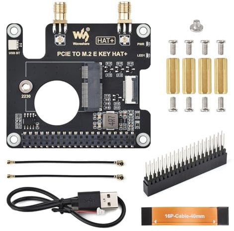 Waveshare PCIe to M.2 E Key HAT, Compatible with Raspberry Pi 5, Support Various NGFF (M.2 E Key) Wireless NIC, Supports USB Bluetooth Connection and HAT+ Standard, Raspberry Pi 5 PCIe HAT
