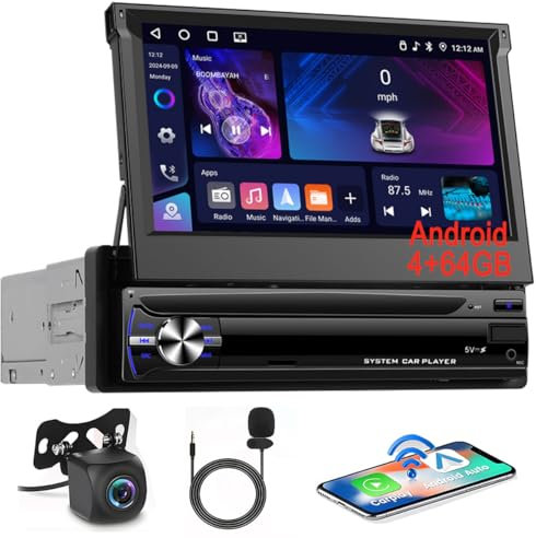 4+64GB Android 1 Din Autoradio Wireless Carplay Android Auto GPS WiFi, Écran Tactile 7 Pouces Retractable Bluetooth Poste Radio Voiture Soporte DVR, USB, SWC + Caméra de Recul