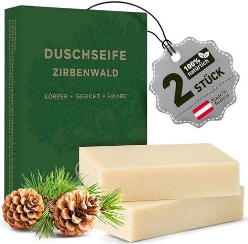 larum sports feste Duschseife Männer Zirbenwald – festes Duschgel – Seife für Haare, Körper, Gesicht – festes Shampoo – Herren Naturseife – 2x Bio Seife Stück à 85g