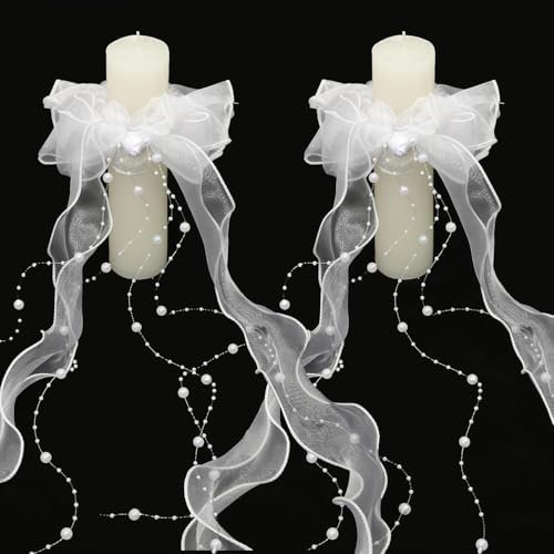 2 Stück Kommunionkerze Tropfschutz Weiß mit Schleife und Lockenbändern, Taufkerze, Kerzen mit Schleife, HochzeitKerzen, Tropfenfänger Kerze Tüll, Geeignet für Kommunionen, Taufen, Hochzeiten