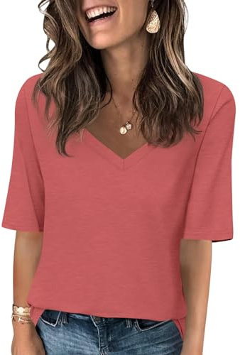 AirMood T-Shirt d'été décontracté à Manches mi-Longues et col en V pour Femme, Rose, L