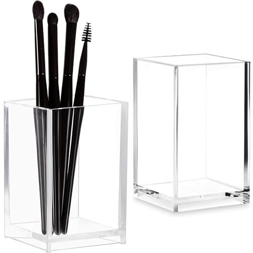 XFLYP Porte-Stylos en Acrylique Transparent pour Organiser Crayons Stylo de Bureau ou Rangement Brosse à Dents, Maquillage Cosmétiques, 6.4 x6.4 x10cm 2 PCS