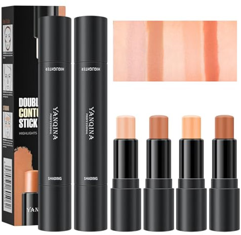 4 Farben Conturingstick, Contour Stick, Konturenstift Gesicht, Make-up-Set für Anfänger, Nicht Fettend, Wasserfest, Lang Anhaltender, Matter Feuchtigkeitseffekt, mit 2 Daumenquasten