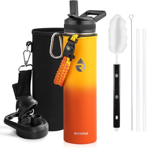 RAYMYLO 710ml Insulated Water Bottle, Triple Wall Vacuum Stainless Steel | Cold for 24 Hrs, Hot for 12 Hrs,Leak Proof Metal Water Flask Jug with Straw & Spout Lids for Sports and Travel, BPA-Free