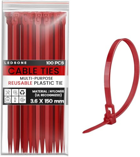 LEDSone 100 Pack of 150mm x 3.6mm Reusable Cable Ties, Heavy Duty with 40lbs Tensile Strength Red Releasable Adjustable Cable Ties, 6 Premium Tie Wraps, Strong Nylon Zip Ties (3.6mmx150mm Red)