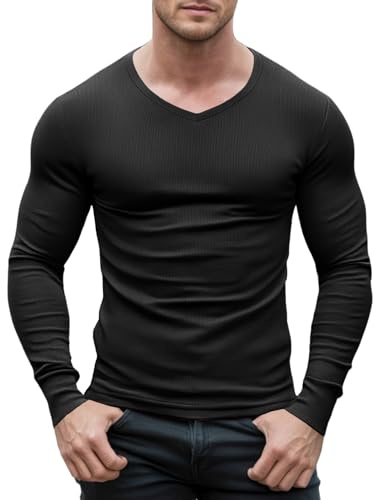 Agilelin Herren Slim Fit T-Shirt V-Ausschnitt Langarm Muskel Shirt | Dehnbares atmungsaktives Ripp Casual Unterhemden
