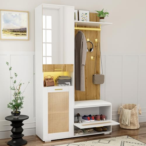 OLIVIBED Kleiderschrank-Set mit Spiegel, Garderoben Set mit 5 Kleiderhaken und Türen, Kompaktgarderobe mit Schubladen, Schuhbank mit Kleiderstange und LED, Holzfarbe und Weiß, 110x38x190cm