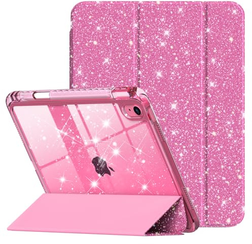 SZPSGC Custodia per iPad (A16) 11/10° generazione (2025/2022), con portapenne, custodia antiurto con brillantini, cover posteriore trasparente, per auto sonno/sveglia (rosa)