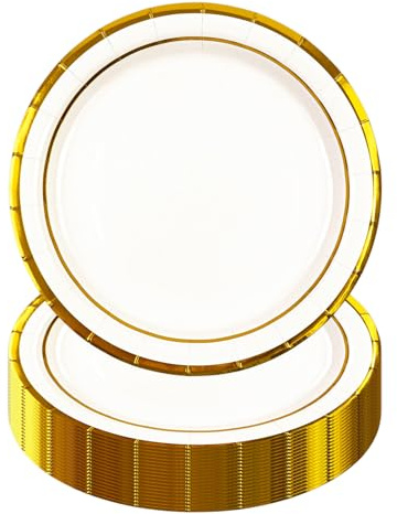 HiEnjoin 50pcs White Party Plates, 9inch Gold foil Disposable Plates, Birthday Party Paper Plates, Suitable for Desserts, Anniversaries, Birthday Celebrations and Wedding Celebrations