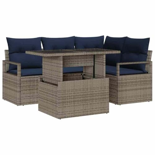 vidaXL Garten-Sofa-Set 5 pcs Grau und Marineblau Poly-Rattan, Anpassbares Garten- und Terrassenset, modulares Outdoor-Sofa, wetterfeste Sitzmöbel, Bequeme Frühlingsliege