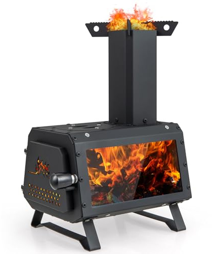 KOMFOTTEU Forno a legna con finestra visibile, forno a razzo portatile con 2 superfici di cottura, forno da tenda con cenerino e apertura di ventilazione, forno da campeggio 28,5 x 20 x 37 cm, per