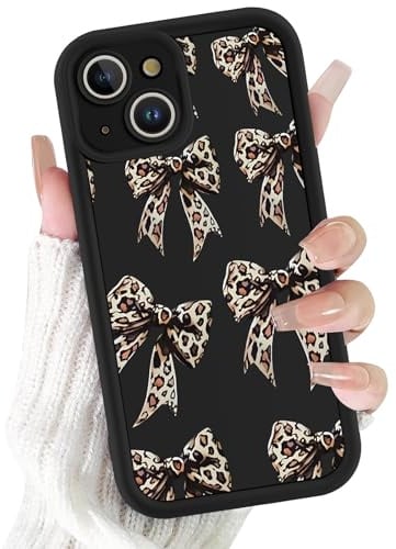 Foonary Cheetah Print Phone Case for iPhone 13 6.1, Aesthetic Leopard Bow Pattern Design Cover Full Camera Lens Protective Shockproof Soft Slim TPU Funda for Women Girls, Black