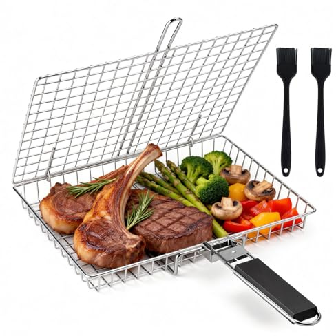 SHTALHST BBQ Fish Grilling Basket, Stainless Steel BBQ Grill Basket, Folding Portable Grill Basket with Removable Handle for Grilling Fishes, Vegetables, Shrimp with Basting Brush and Storage Bag