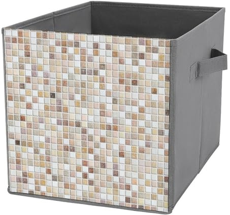 Jubonexis Small Mosaic Bathroom Tile Texture Cube Storage Bins Storage Cubes Foldable Decorative Fabric Storage Baskets Home Organizers with Handles for Shelves,Closet, 27x27 CM