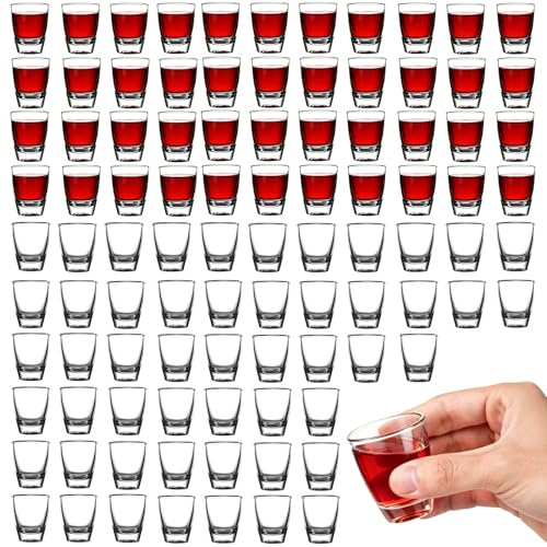 96 PCS Bicchierini da Liquore, Bicchieri da Shot da 35 ml Mini, Tumbler in Vetro Temperato Robusto, Bicchieri da Vino Piccoli in Vetro Dal Fondo Spesso Rinforzato per Feste, Grappa